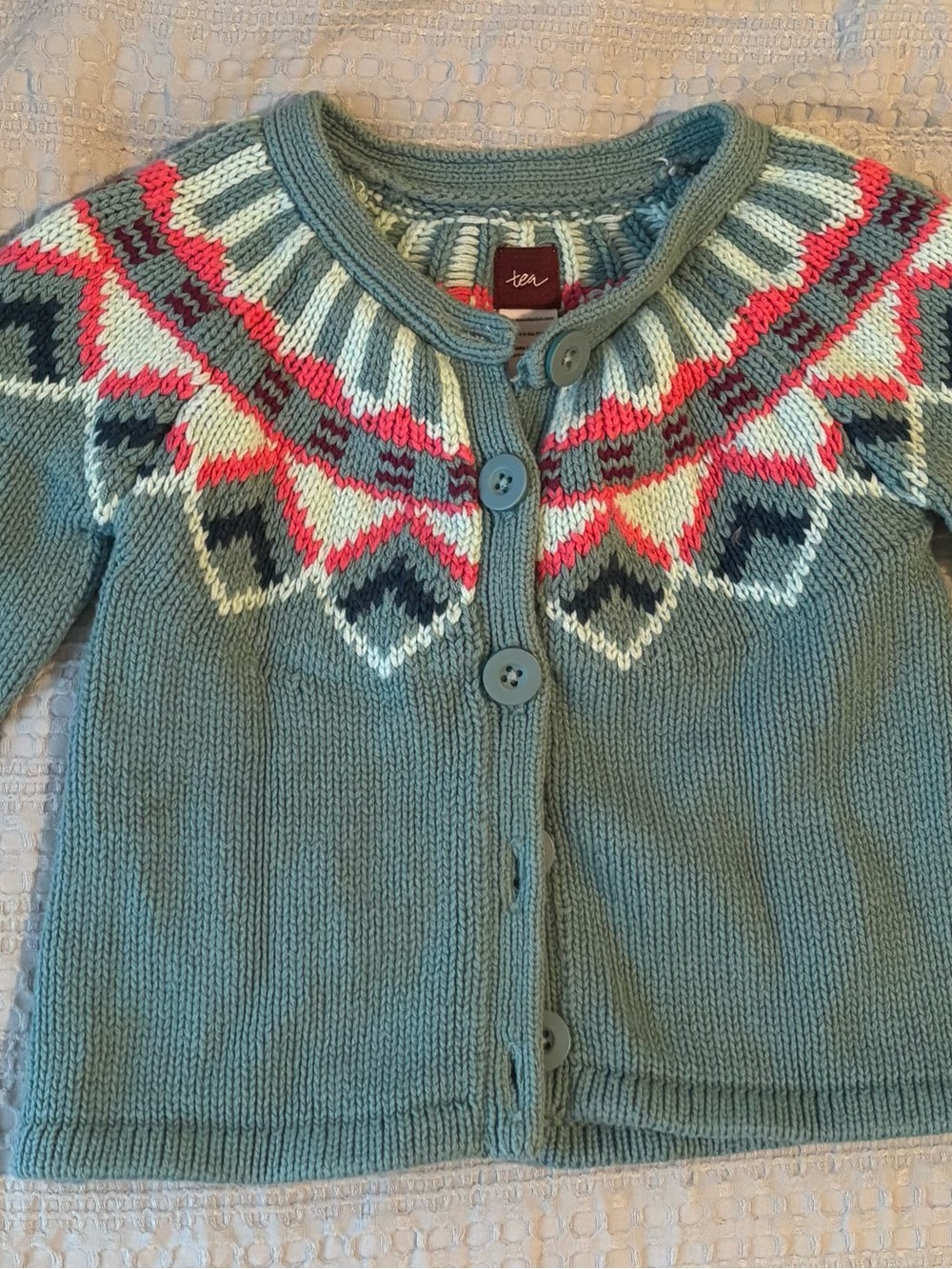 Tea Collection Teal Fair Isle Knit Cardigan with Coral and Cream Accents